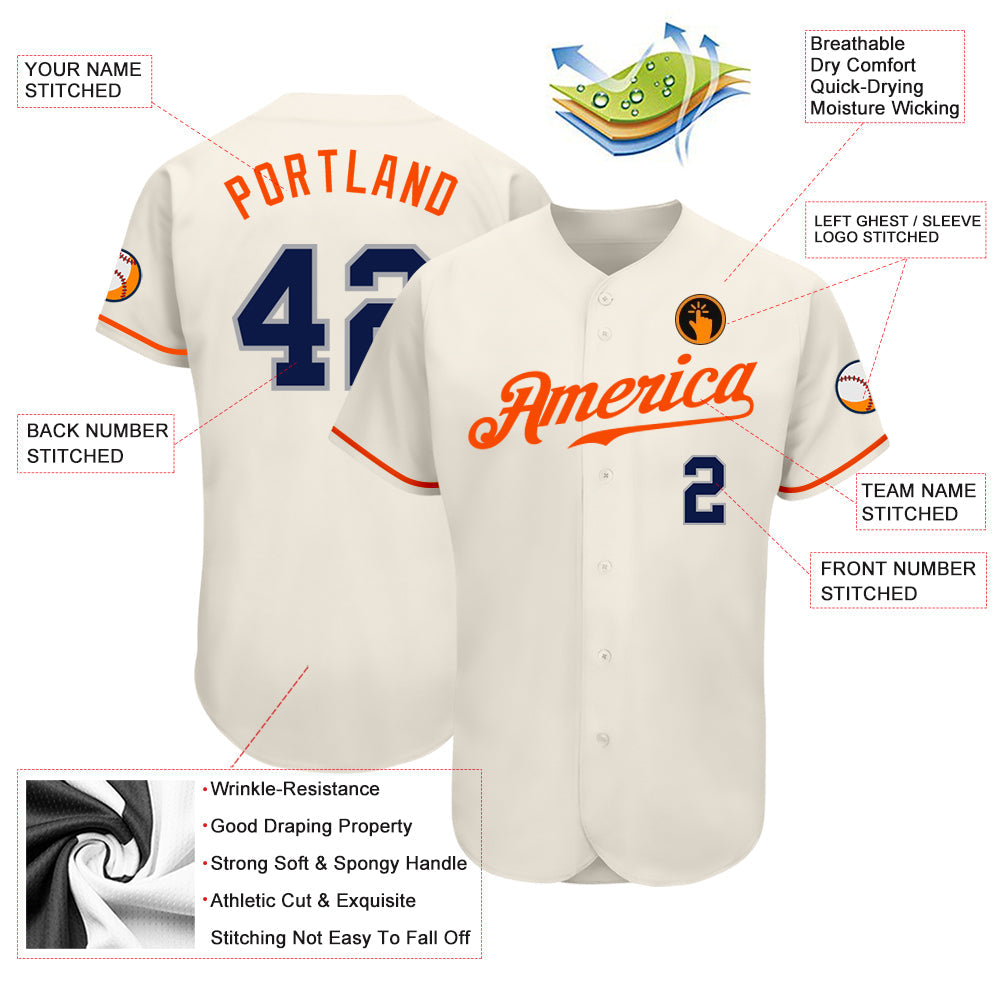 Custom Cream Navy-Orange Authentic Baseball Jersey view 3