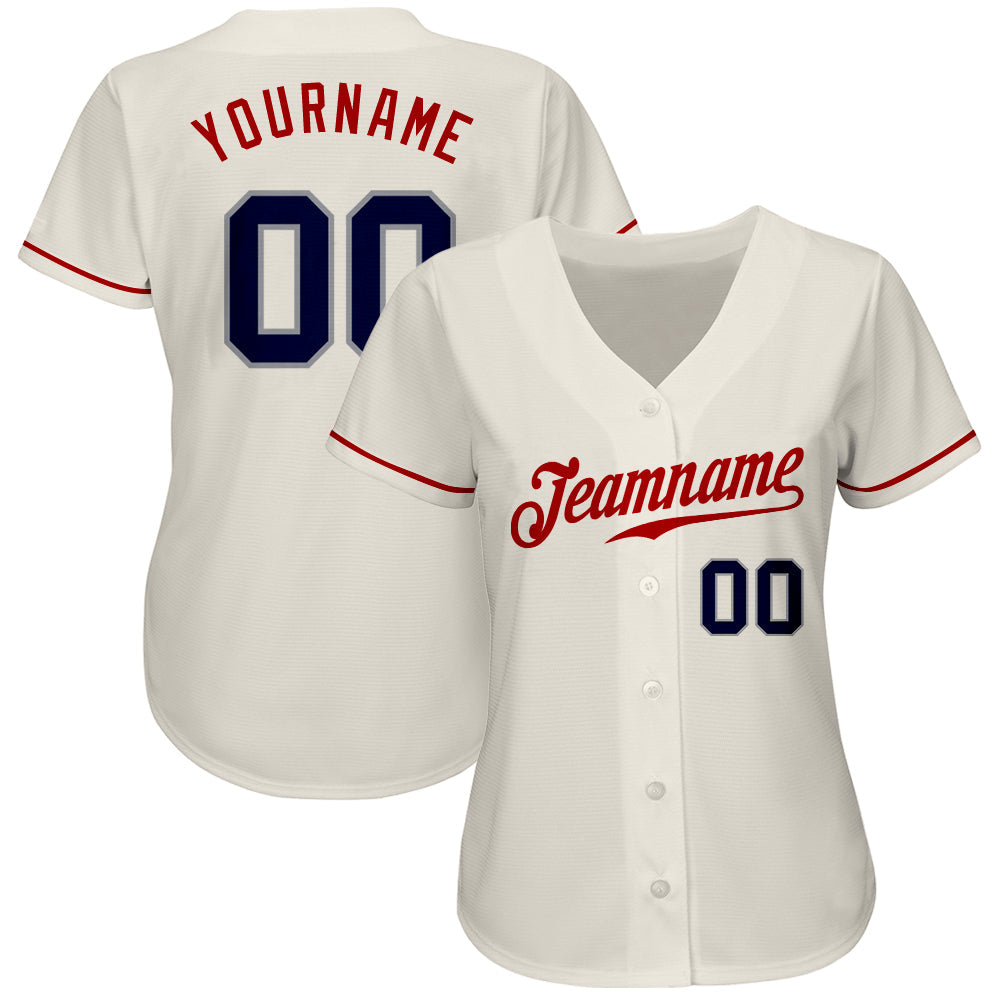 Custom Cream Navy-Red Authentic Baseball Jersey view 2