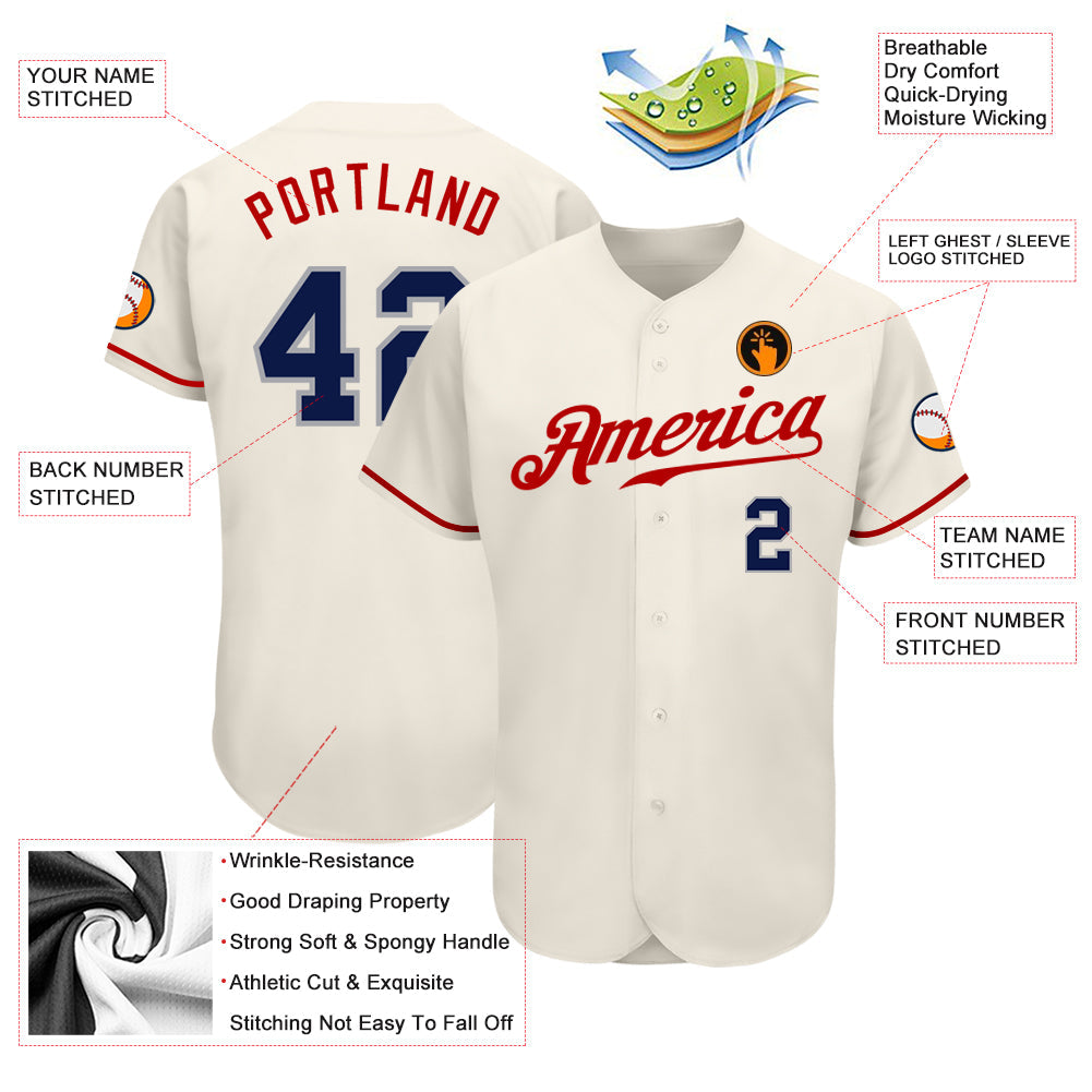 Custom Cream Navy-Red Authentic Baseball Jersey view 3