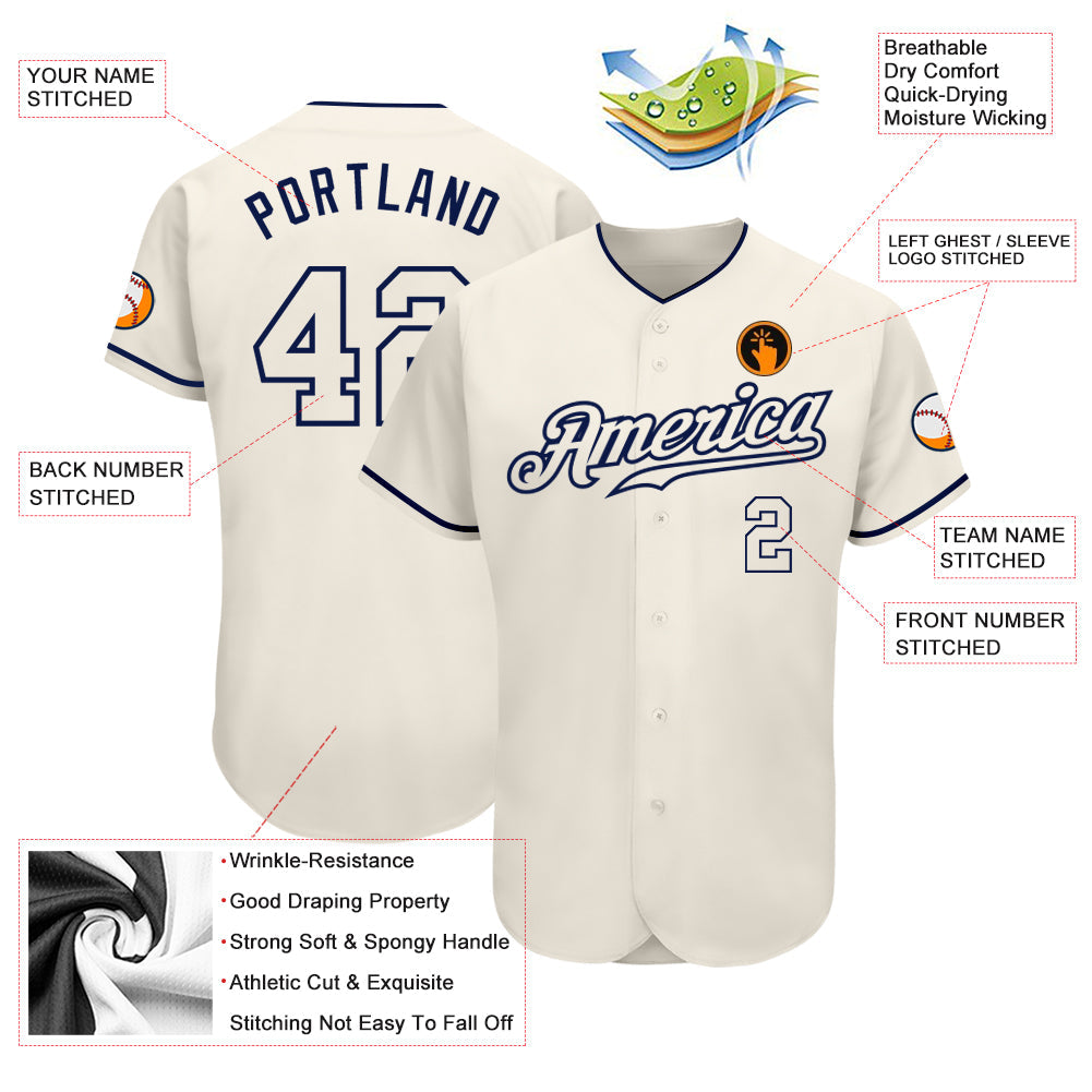 Custom Cream Cream-Navy Authentic Baseball Jersey view 3