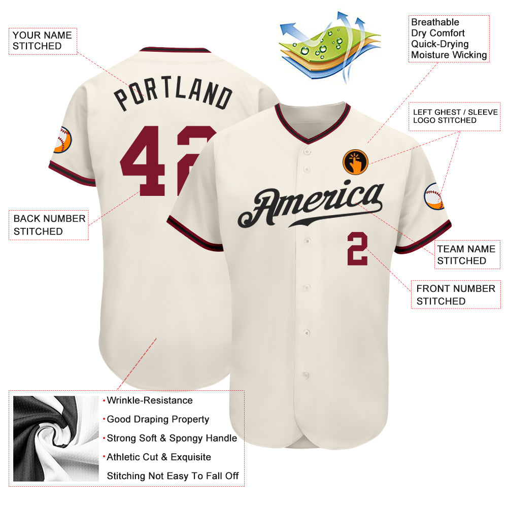 Custom Cream Crimson-Black Authentic Baseball Jersey view 3
