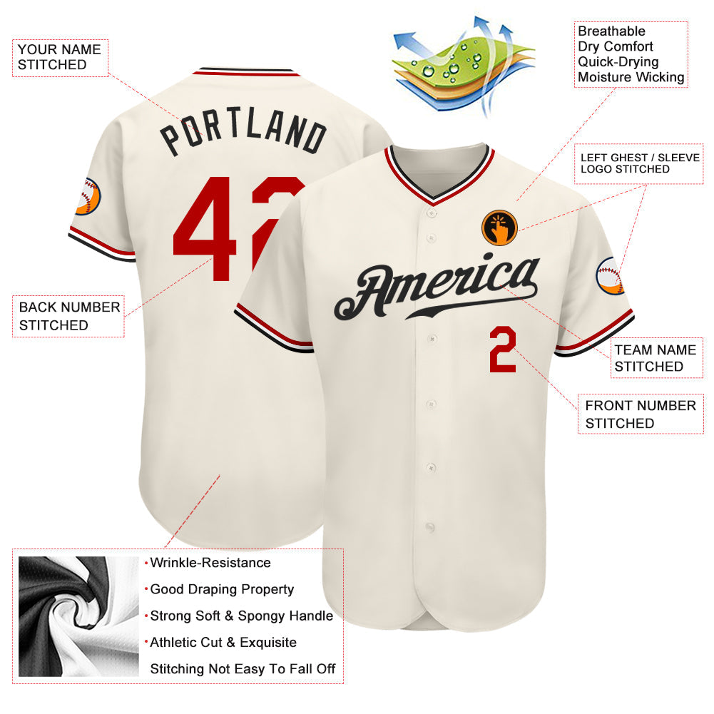 Custom Cream Red-Black Authentic Baseball Jersey view 3