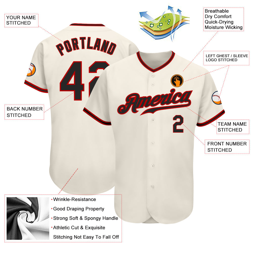 Custom Cream Black-Red Authentic Baseball Jersey view 3