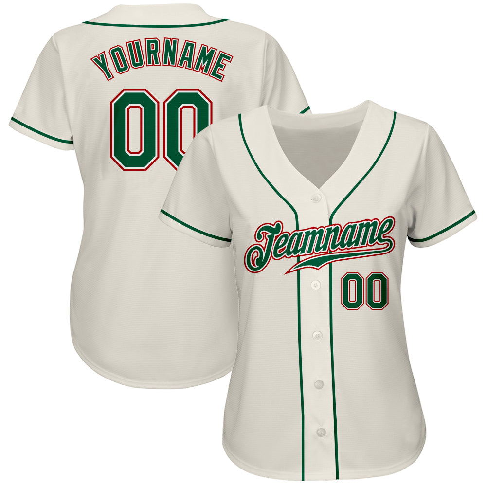 Custom Cream Kelly Green-Red Authentic Baseball Jersey view 2