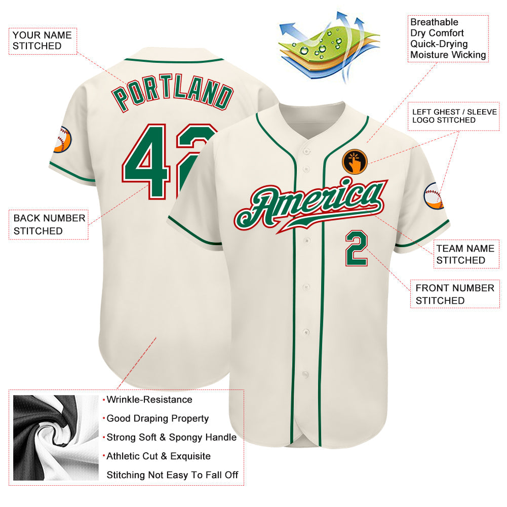 Custom Cream Kelly Green-Red Authentic Baseball Jersey view 3