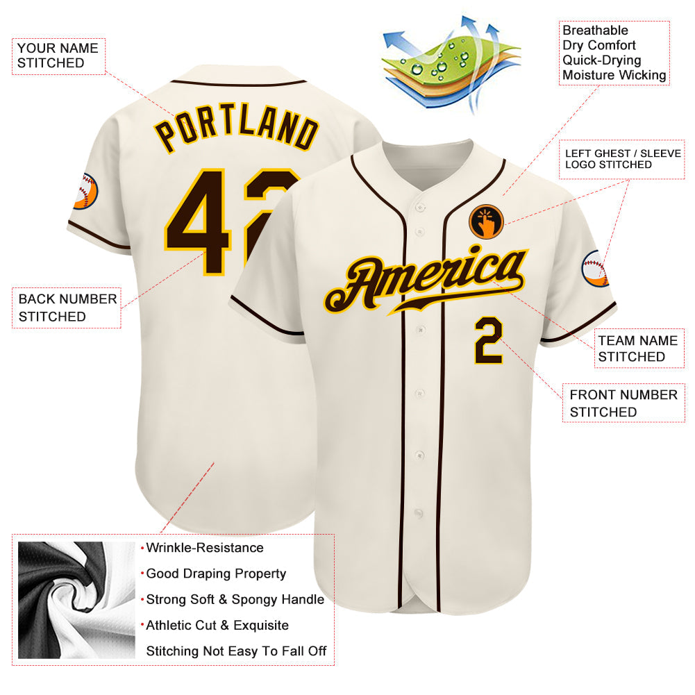 Custom Cream Brown-Gold Authentic Baseball Jersey view 3