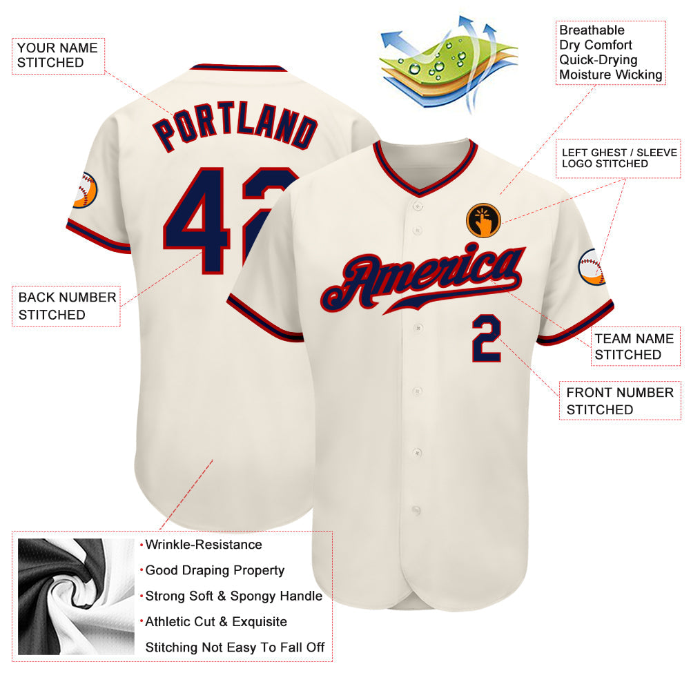 Custom Cream Navy-Red Authentic Baseball Jersey view 3