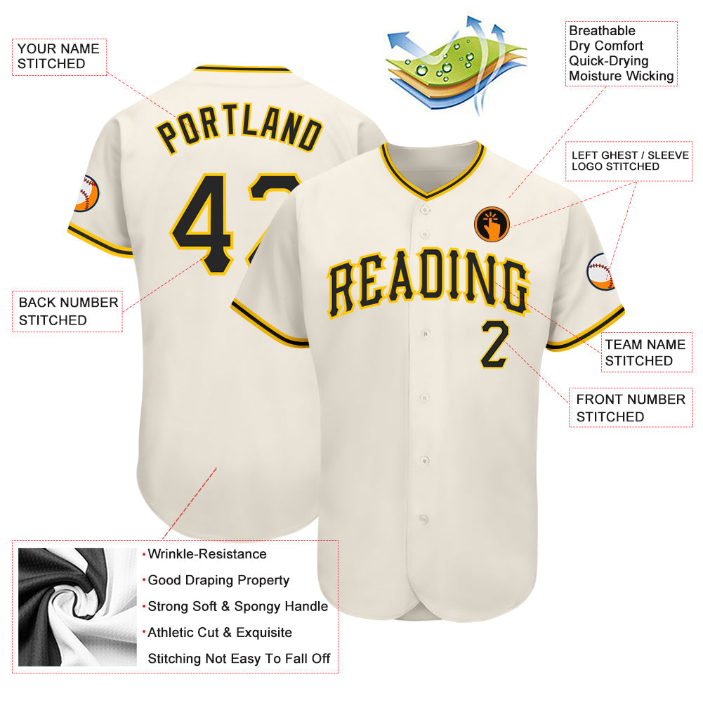 Custom Cream Black-Gold Authentic Baseball Jersey view 3