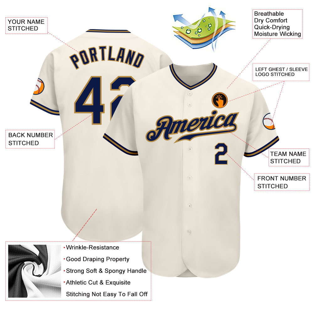 Custom Cream Navy-Old Gold Authentic Baseball Jersey view 3