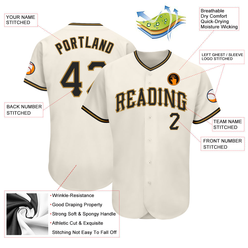 Custom Cream Black-Old Gold Authentic Baseball Jersey view 3