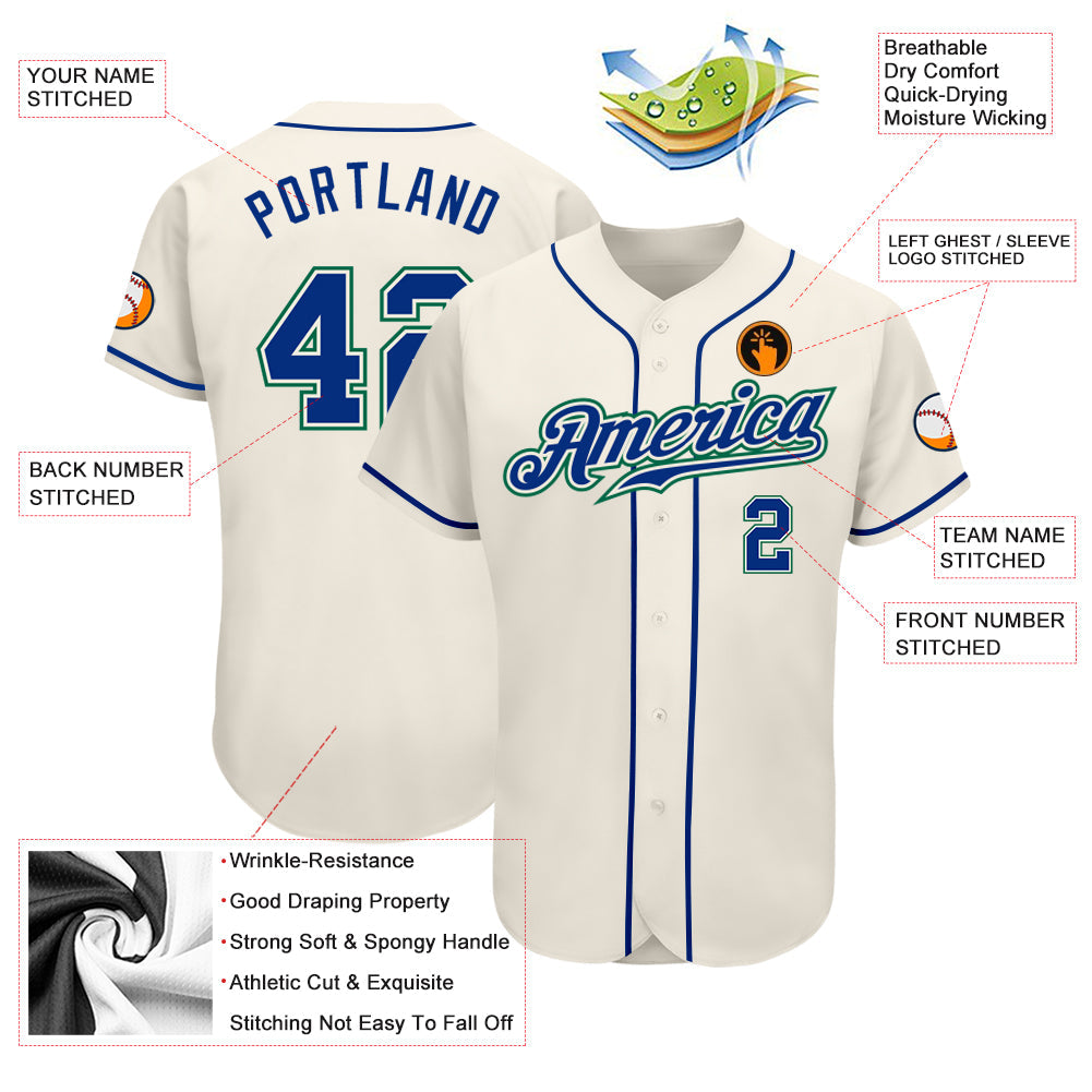 Custom Cream Royal-Kelly Green Authentic Baseball Jersey view 3