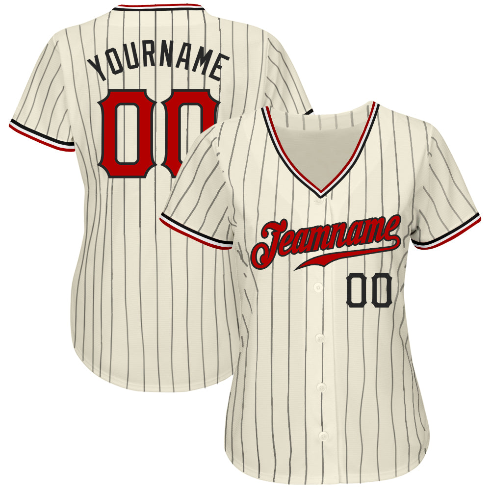 Custom Cream Black Pinstripe Red Black-White Authentic Baseball Jersey view 3