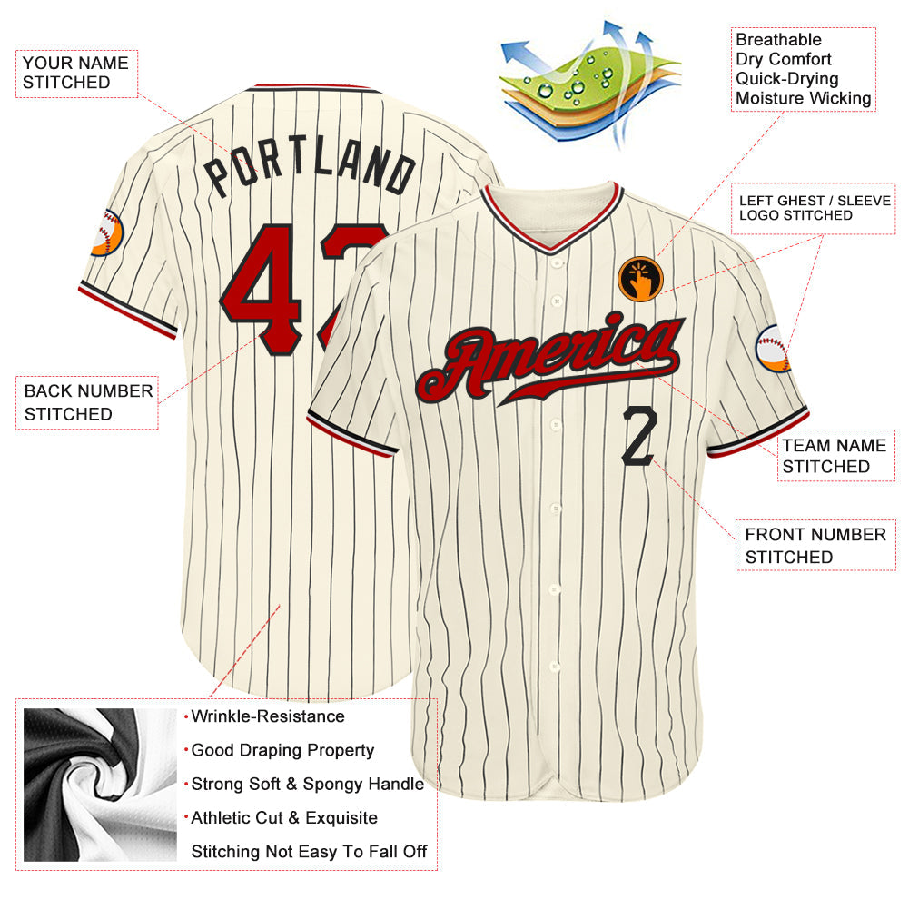 Custom Cream Black Pinstripe Red Black-White Authentic Baseball Jersey view 4