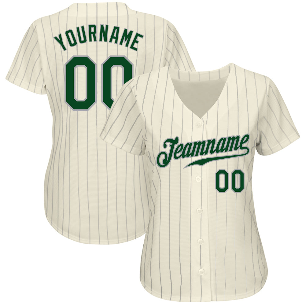 Custom Cream Gray Pinstripe Green-Gray Authentic Baseball Jersey view 3