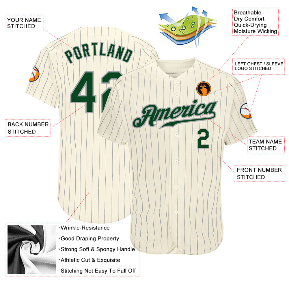 Custom Cream Gray Pinstripe Green-Gray Authentic Baseball Jersey view 4