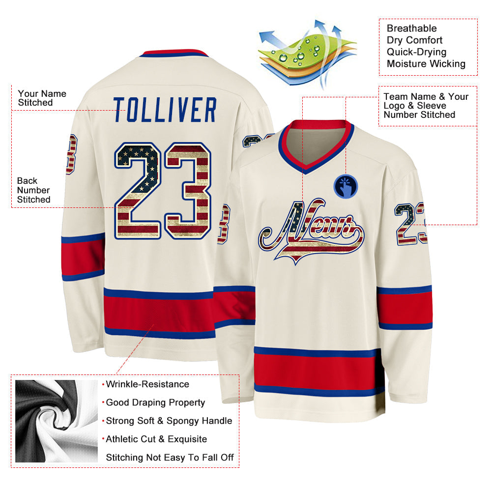 Custom Cream Vintage USA Flag Royal-Red Hockey Jersey view 2