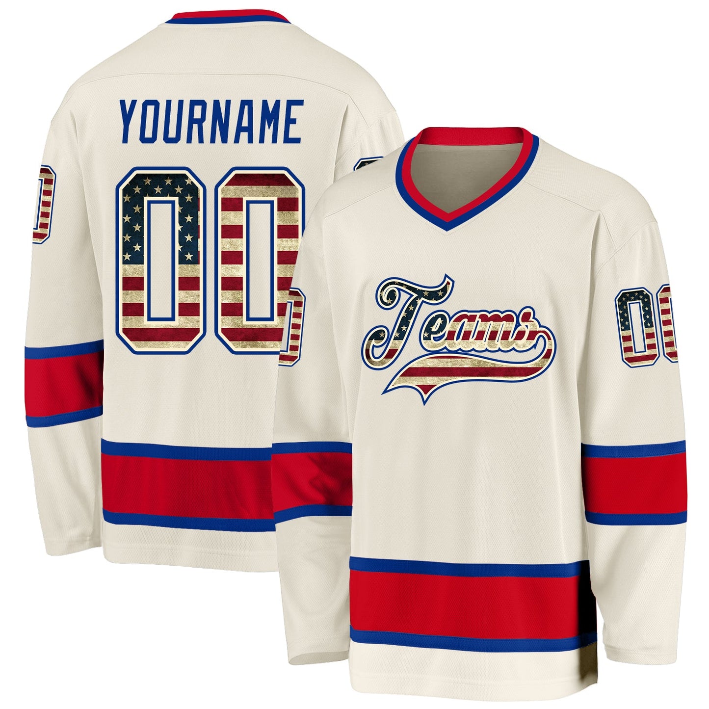 Custom Cream Vintage USA Flag Royal-Red Hockey Jersey - Main View