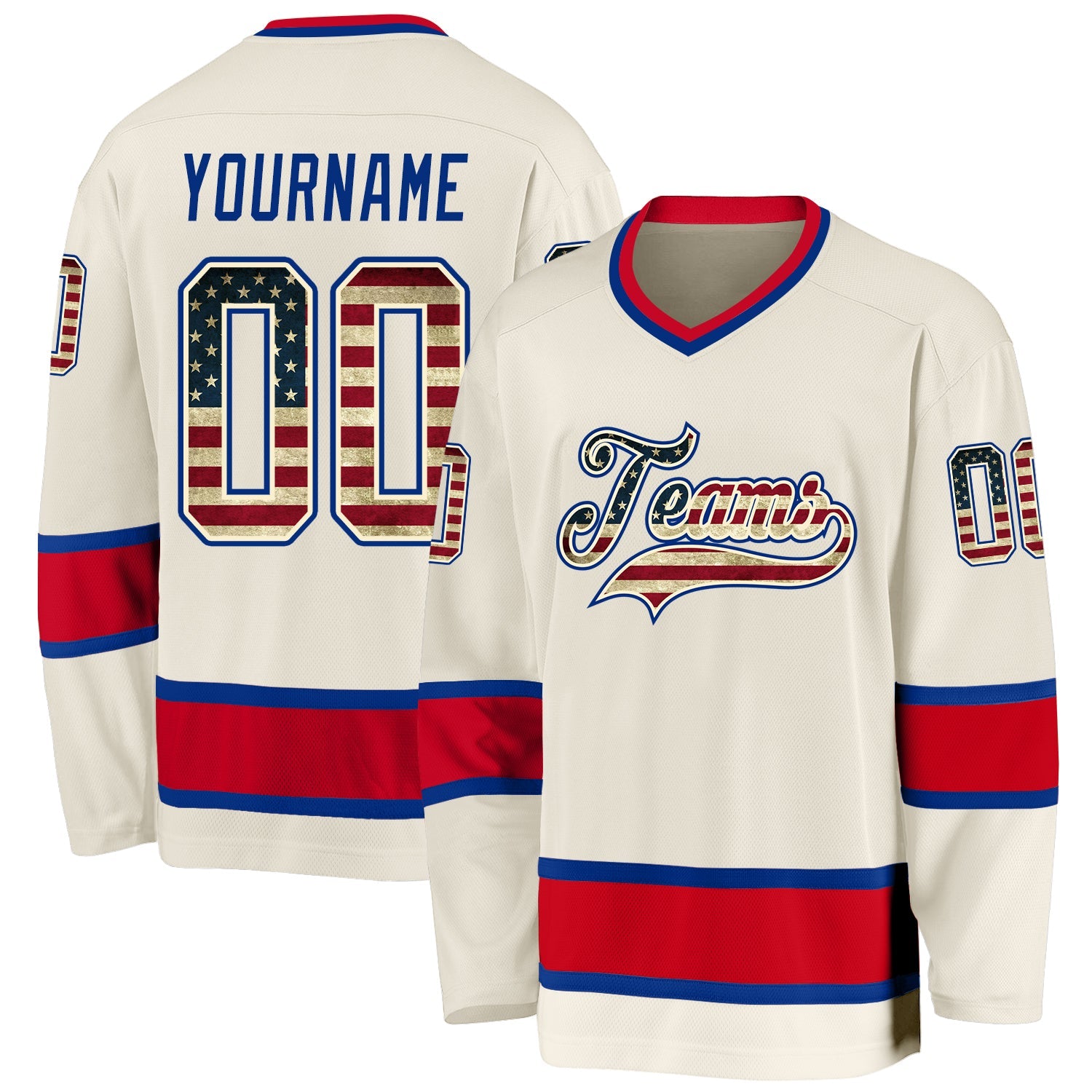 Custom Cream Vintage USA Flag Royal-Red Hockey Jersey - Main View