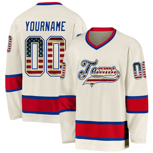 Custom Cream Vintage USA Flag Royal-Red Hockey Jersey - Main View