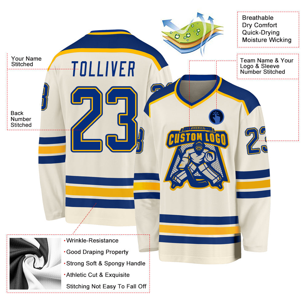 Custom Cream Royal-Gold Hockey Jersey view 3
