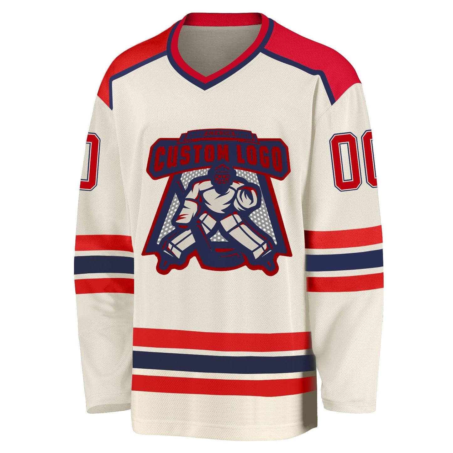 Custom Cream Red-Navy Hockey Jersey view 2
