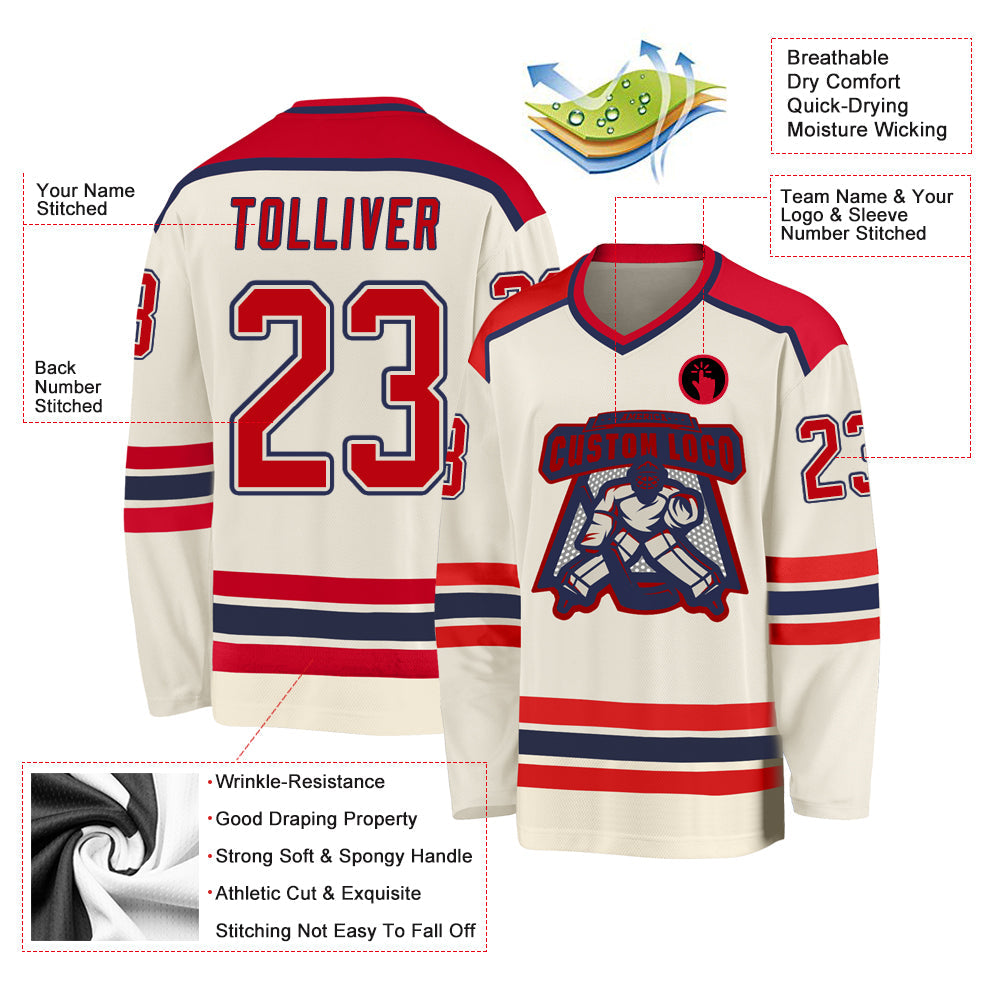 Custom Cream Red-Navy Hockey Jersey view 3