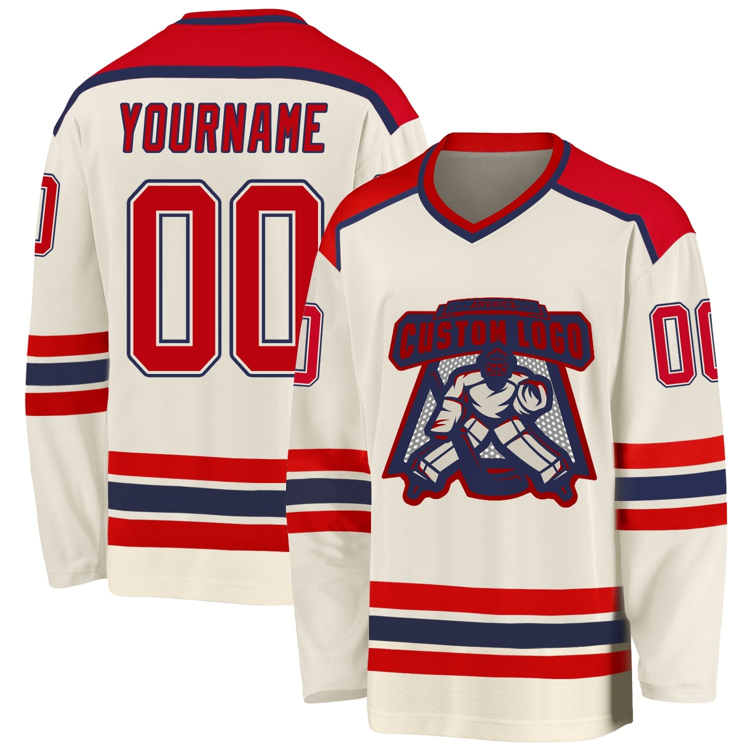 Custom Cream Red-Navy Hockey Jersey - Main View