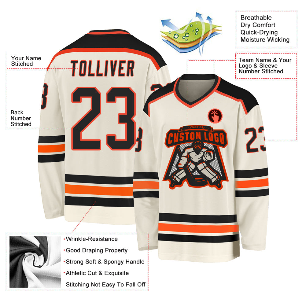 Custom Cream Black-Orange Hockey Jersey view 3