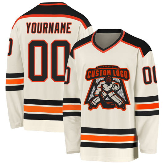 Custom Cream Black-Orange Hockey Jersey - Main View