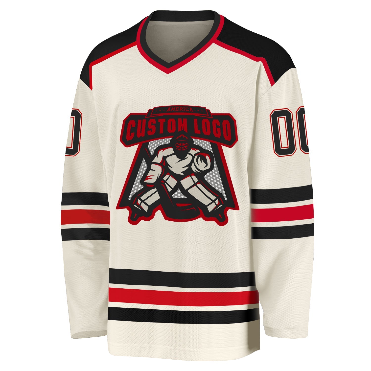 Custom Cream Black-Red Hockey Jersey view 2