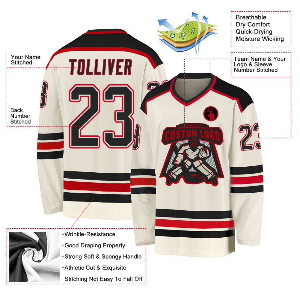 Custom Cream Black-Red Hockey Jersey view 3