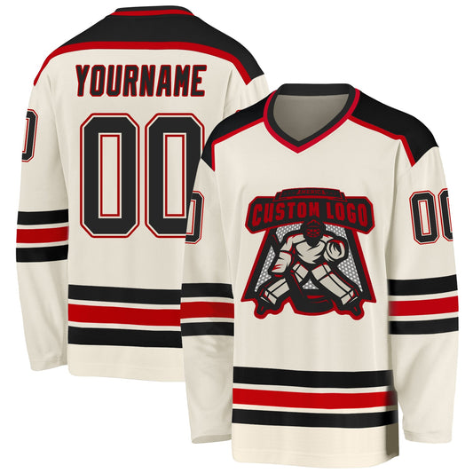 Custom Cream Black-Red Hockey Jersey - Main View