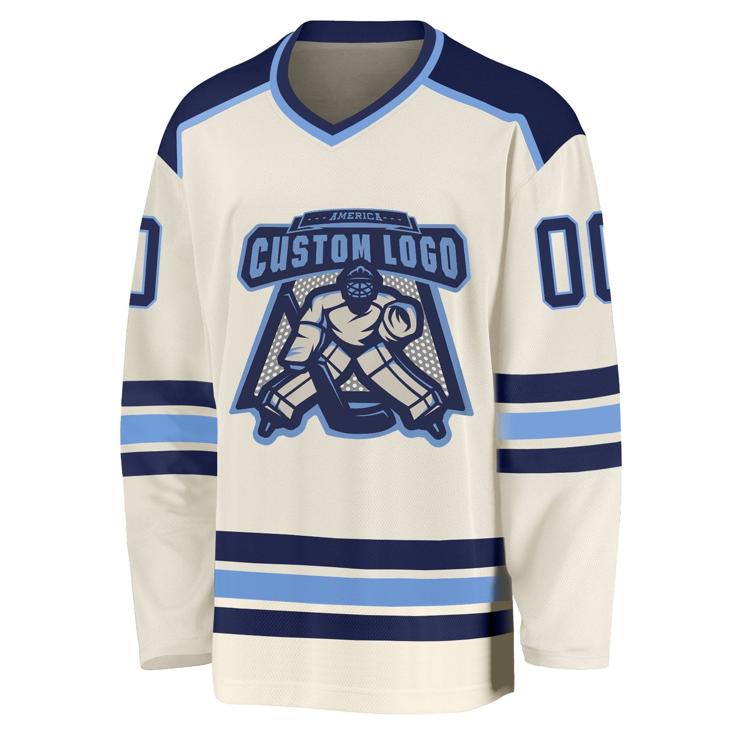Custom Cream Navy-Light Blue Hockey Jersey view 2