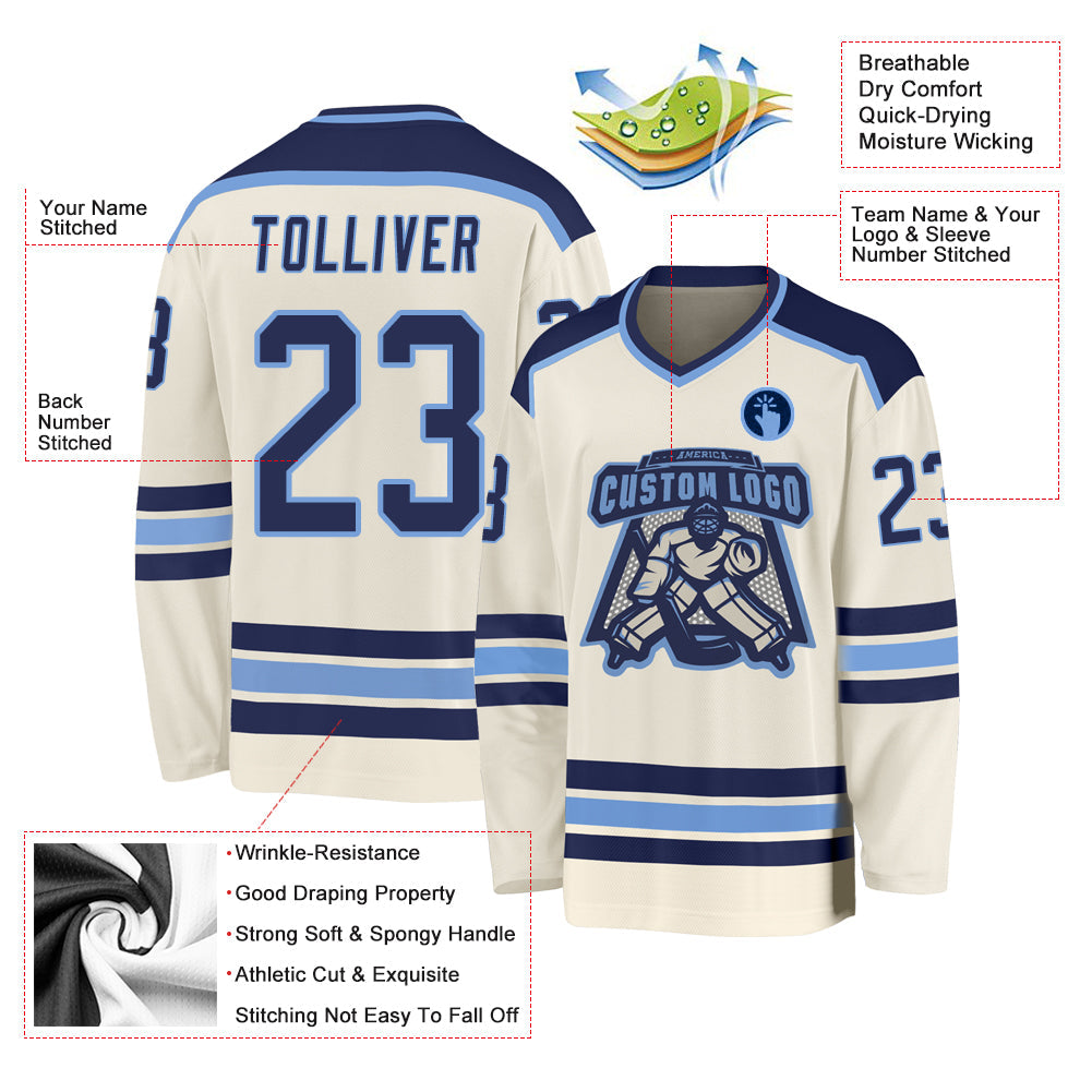 Custom Cream Navy-Light Blue Hockey Jersey view 3
