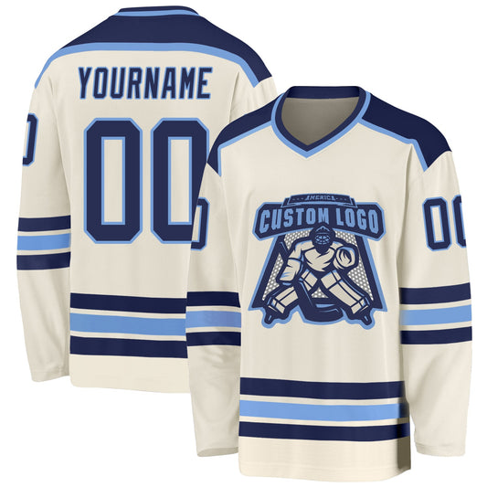 Custom Cream Navy-Light Blue Hockey Jersey - Main View