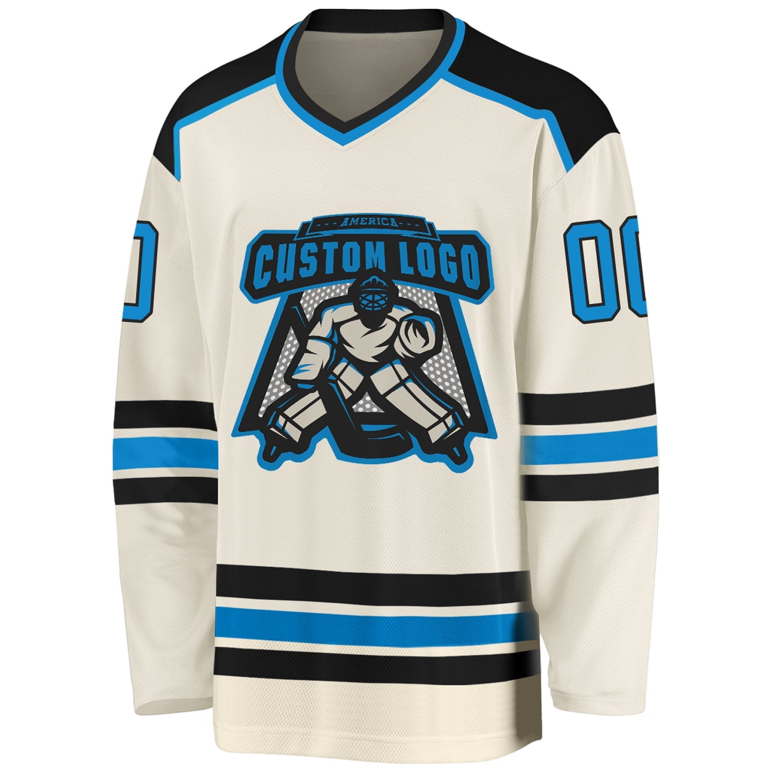Custom Cream Blue-Black Hockey Jersey view 2