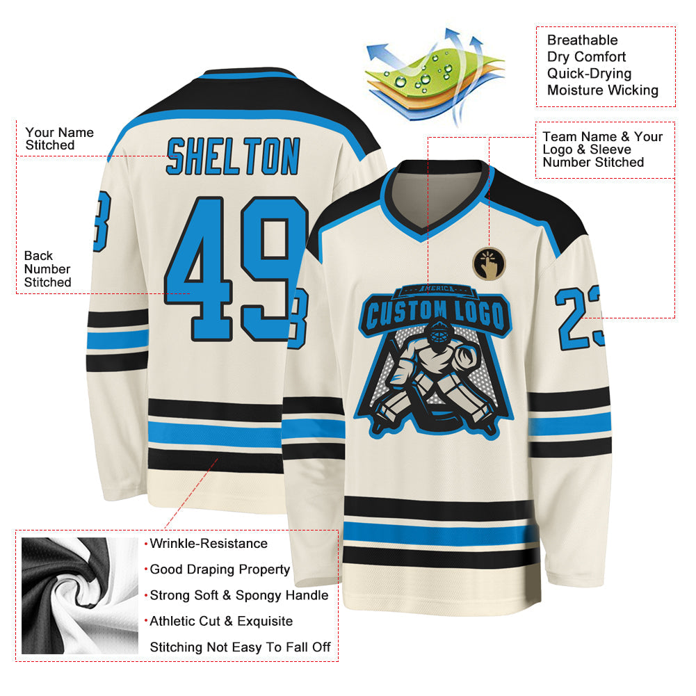 Custom Cream Blue-Black Hockey Jersey view 3