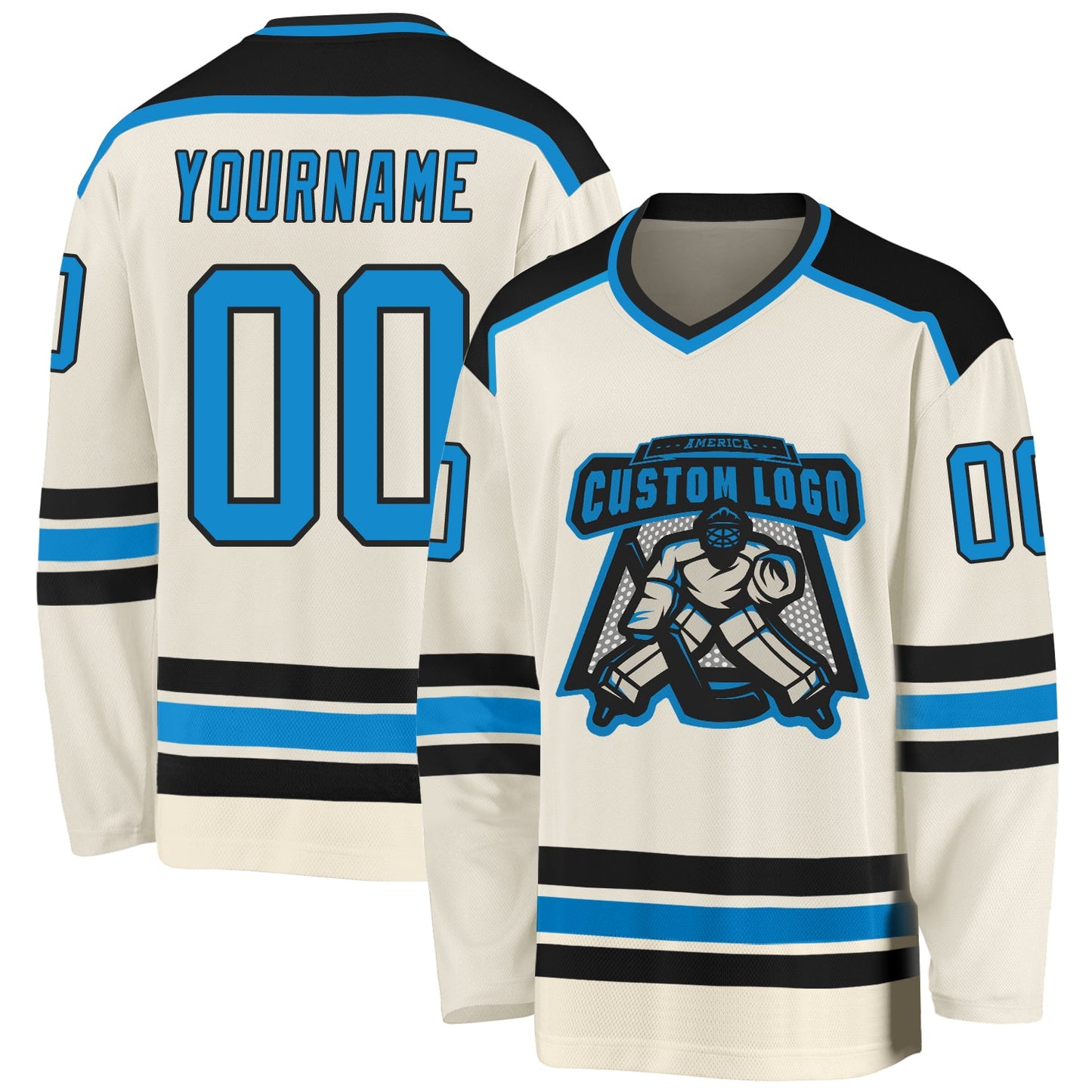 Custom Cream Blue-Black Hockey Jersey - Main View