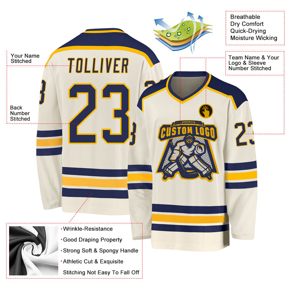 Custom Cream Navy-Gold Hockey Jersey view 3