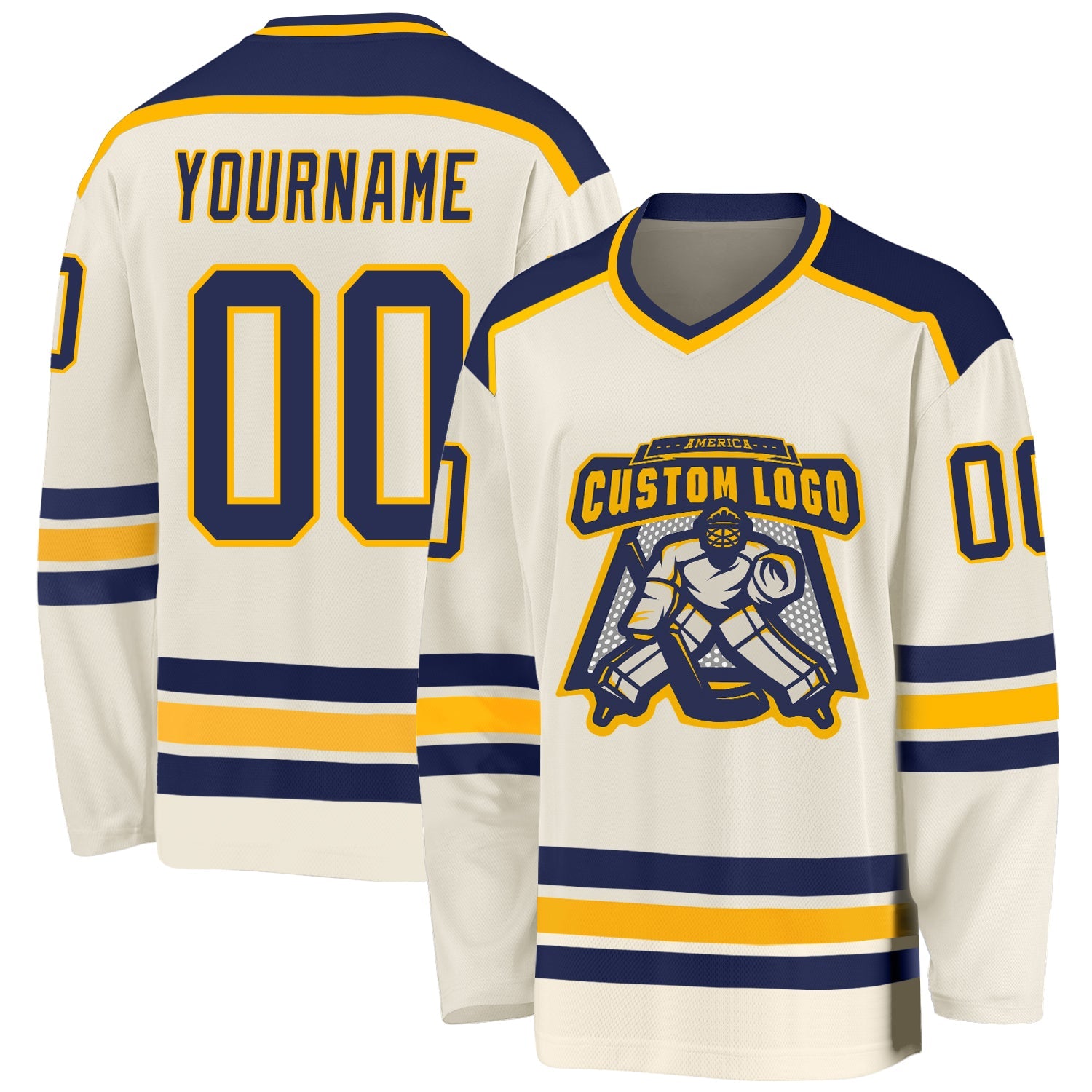 Custom Cream Navy-Gold Hockey Jersey - Main View