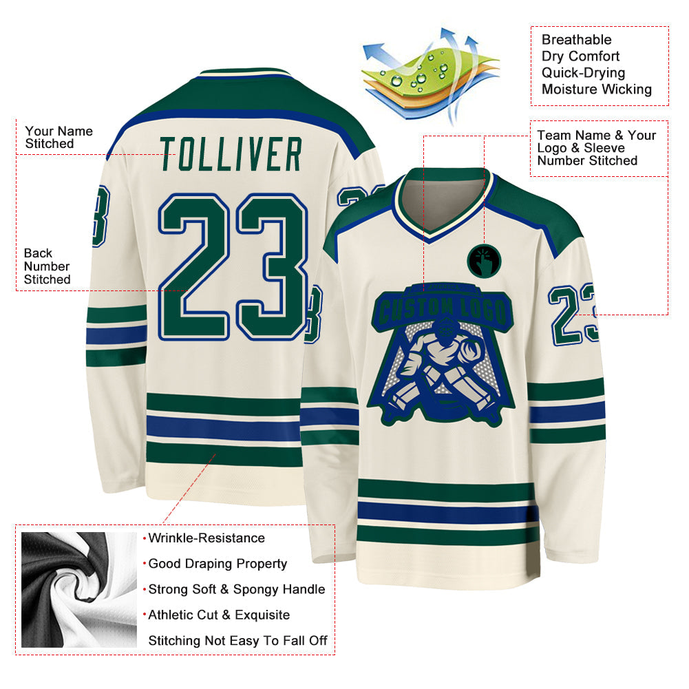 Custom Cream Green-Royal Hockey Jersey view 3