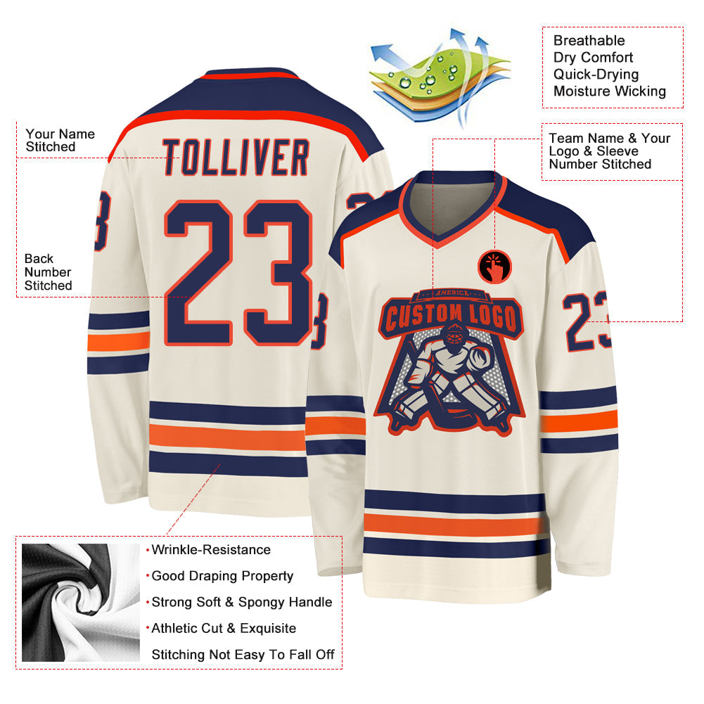Custom Cream Navy-Orange Hockey Jersey view 3