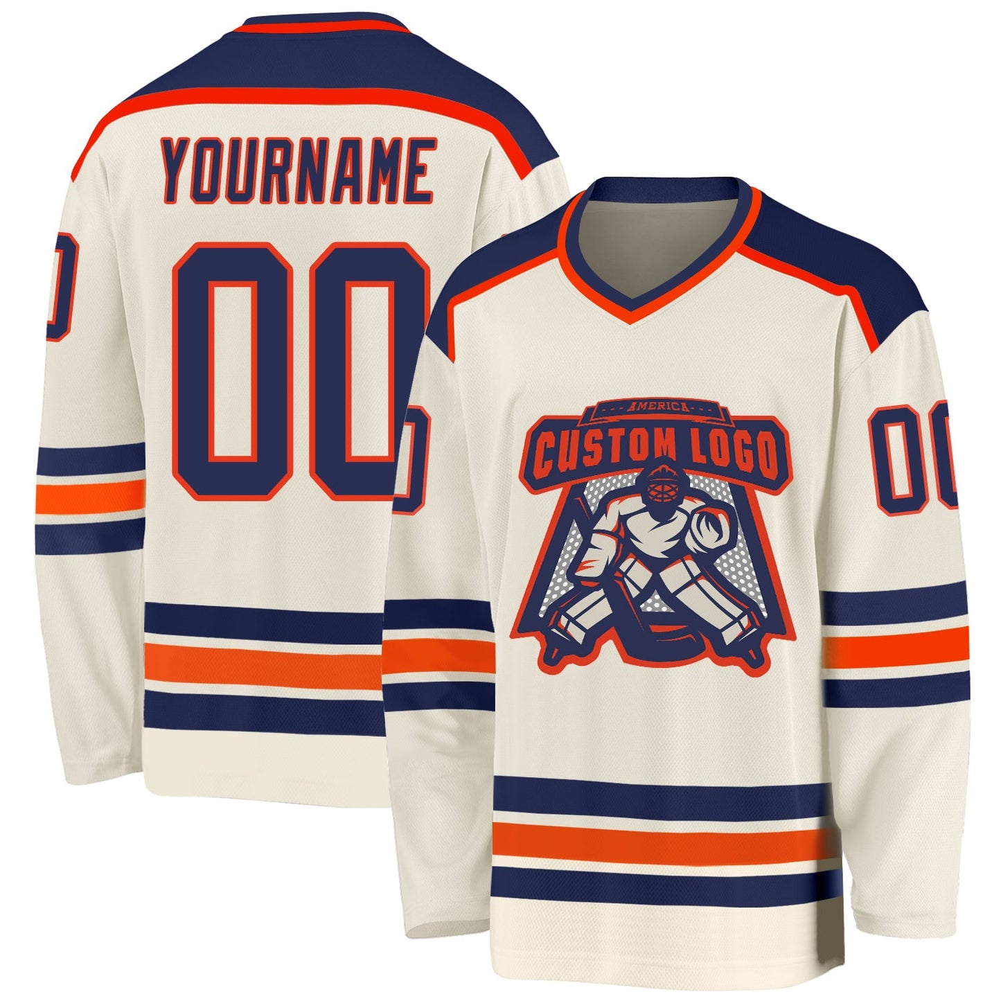 Custom Cream Navy-Orange Hockey Jersey - Main View
