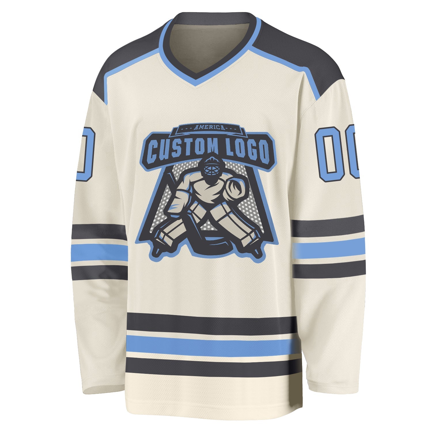 Custom Cream Light Blue-Steel Gray Hockey Jersey view 2