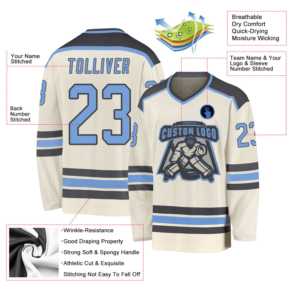 Custom Cream Light Blue-Steel Gray Hockey Jersey view 3