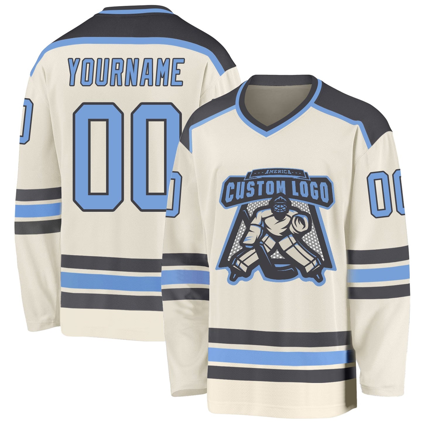 Custom Cream Light Blue-Steel Gray Hockey Jersey - Main View