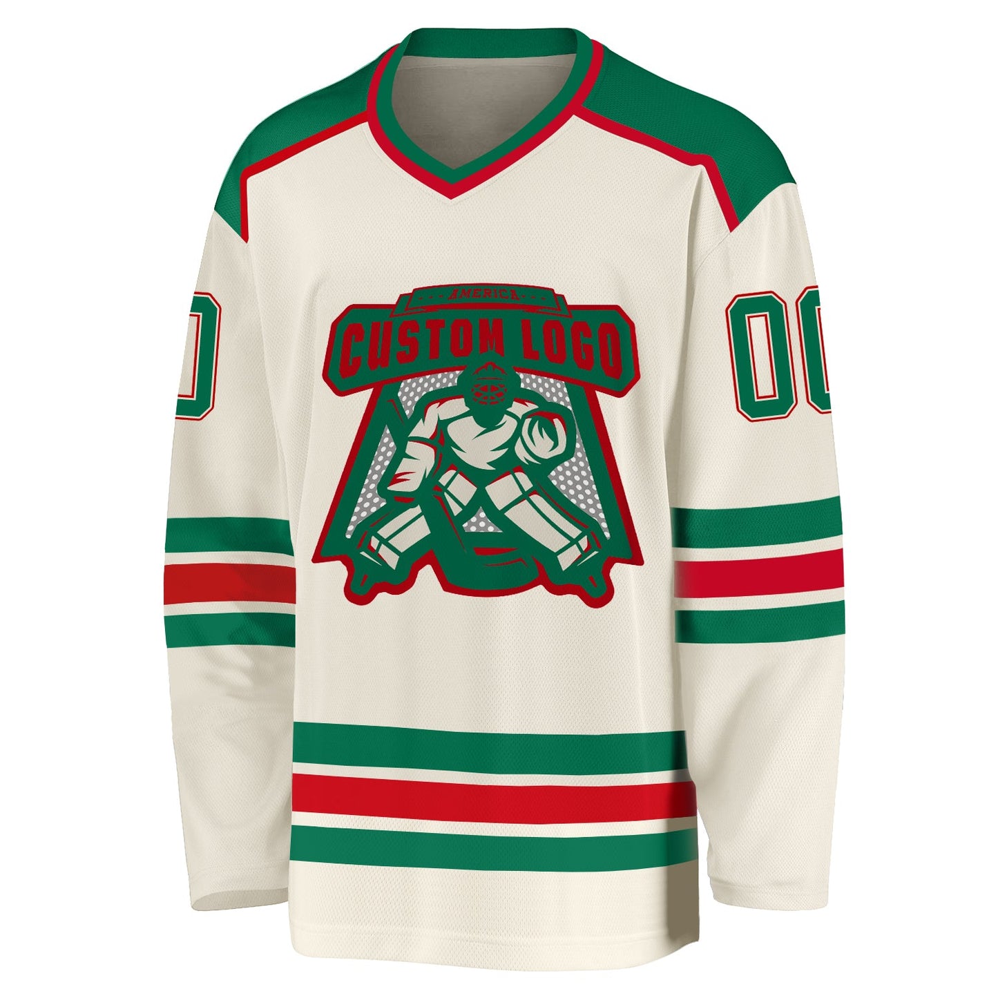 Custom Cream Kelly Green-Red Hockey Jersey view 2