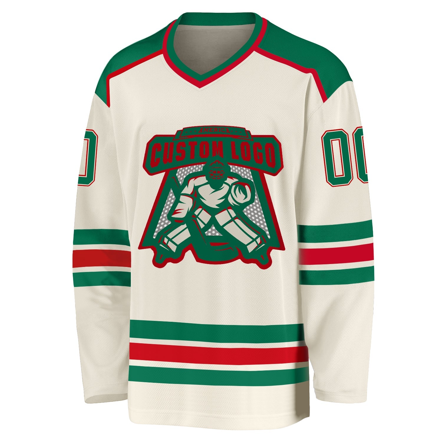 Custom Cream Kelly Green-Red Hockey Jersey view 2