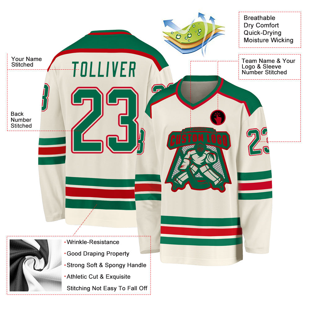 Custom Cream Kelly Green-Red Hockey Jersey view 3