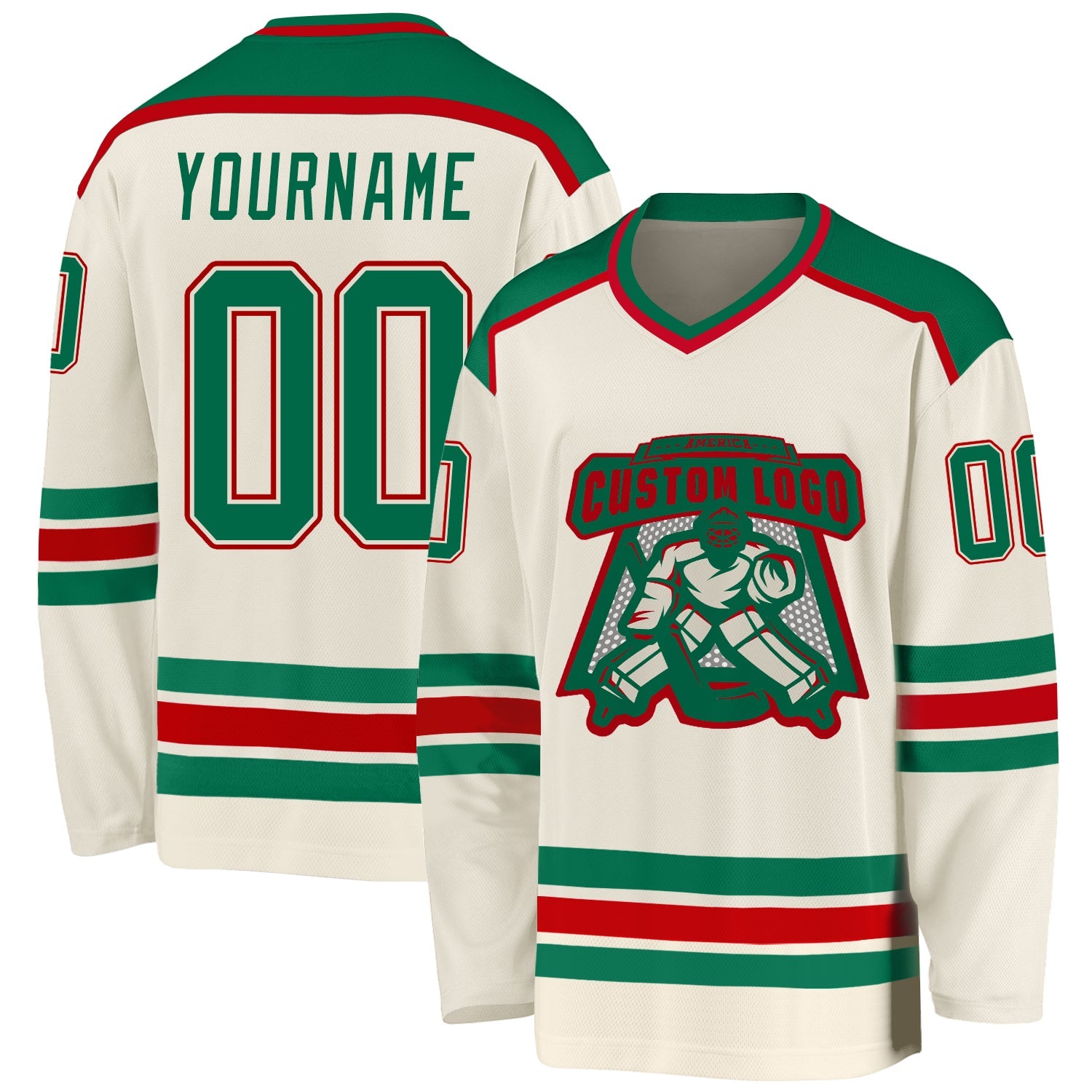 Custom Cream Kelly Green-Red Hockey Jersey - Main View
